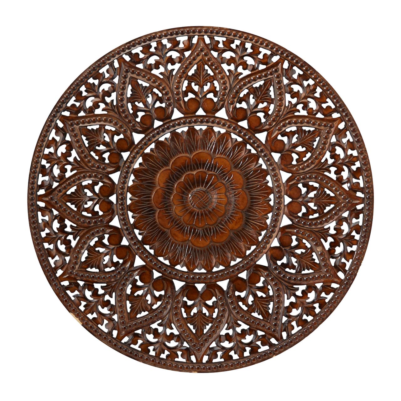 Brown Wood Handmade Intricately Carved Floral Wall Decor with Mandala Design 36" x 1" x 36"